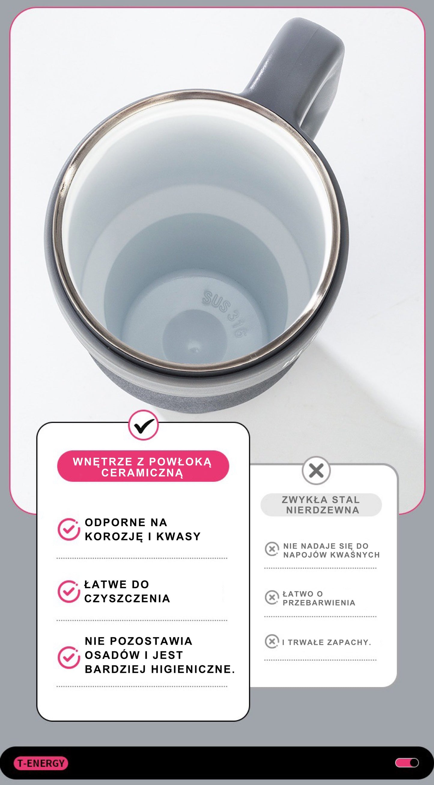 Kubek Termoizolacyjny Stal 316 Duża Pojemność Ceramika Dwustronny