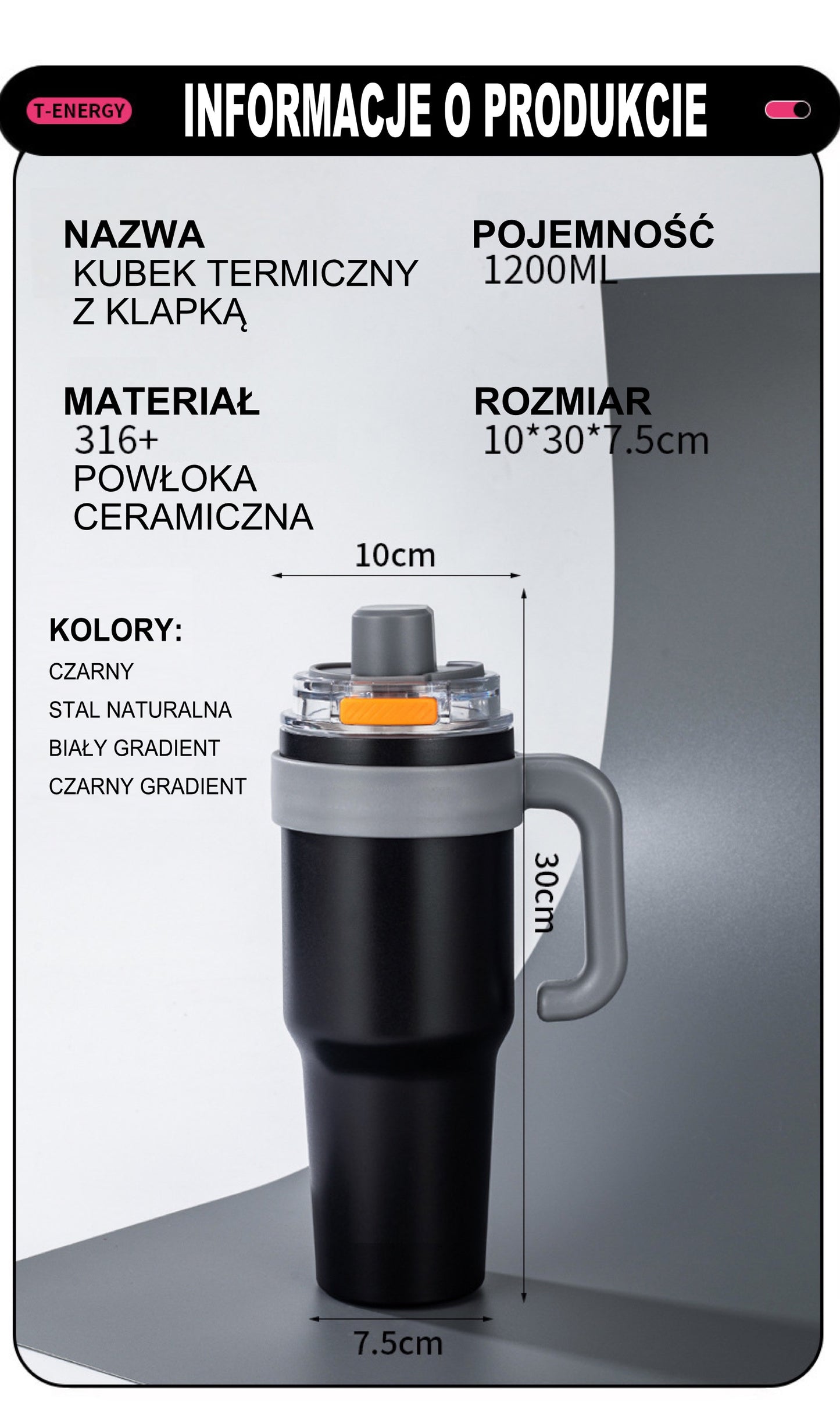 Kubek Termoizolacyjny Stal 316 Duża Pojemność Ceramika Dwustronny